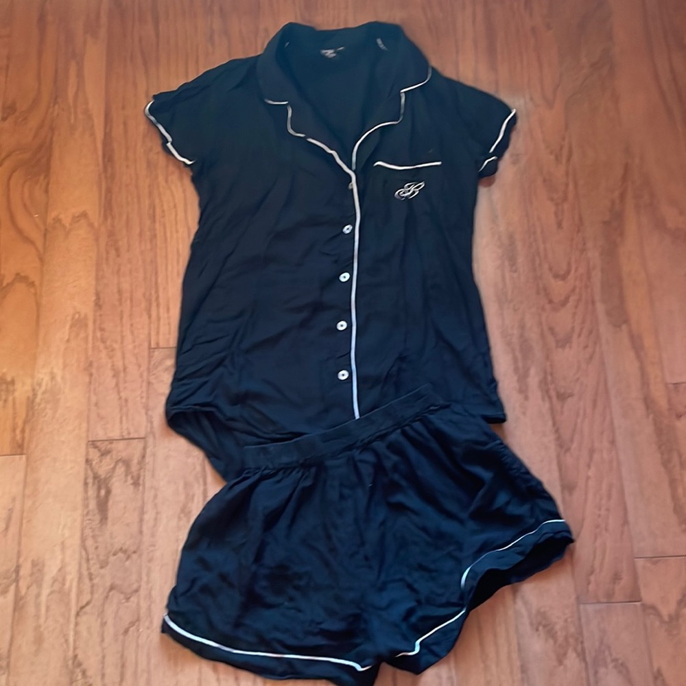 While Orchids black pajama shirt set size XS with monogrammed B on pocket